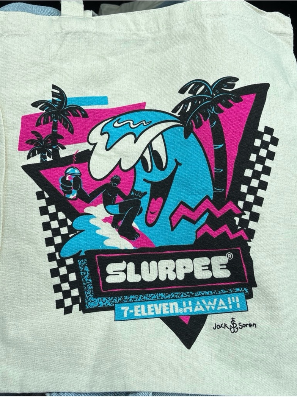 Slurpee 7-Eleven Hawaii Graphic Tote Bag - Blue/Pink/Black